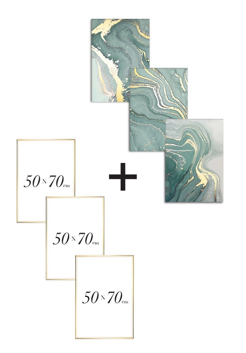 Zestaw 3 Plakatów Miętowy Marmur Złoty + 3 Ramki Złote 50x70cm