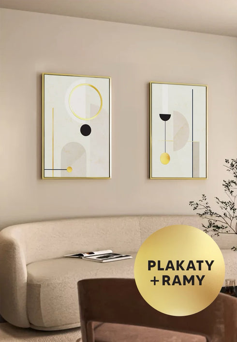 Zestaw 2 Plakatów Kremowe Geometryczne Kształty Złoty + 2 Ramki Złote 50x70cm
