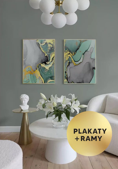 Zestaw 2 Plakatów Turkusowa Akwarela Złoty + 2 Ramki Złote 50x70cm