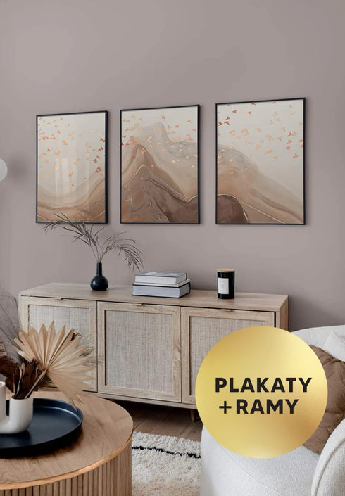 Zestaw 3 Plakatów Karmelowe Ptaki Rose Gold + 3 Ramki Czarne 50x70cm