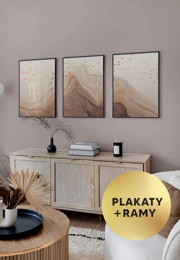 Zestaw 3 Plakatów Karmelowe Ptaki Rose Gold + 3 Ramki Czarne 50x70cm