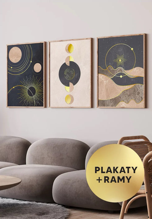 Zestaw 3 Plakatów Planety Na Orbicie Złoty + 3 Ramki Dębowe 50x70cm