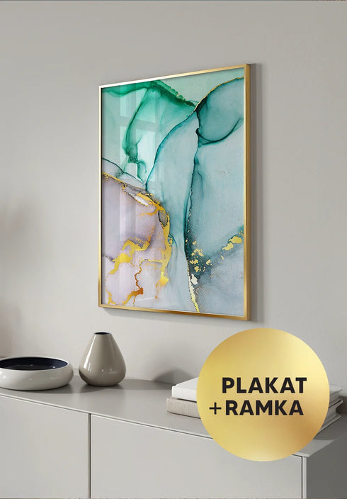Plakat Zielone Akwarele Złoty + Złota Ramka 50x70cm