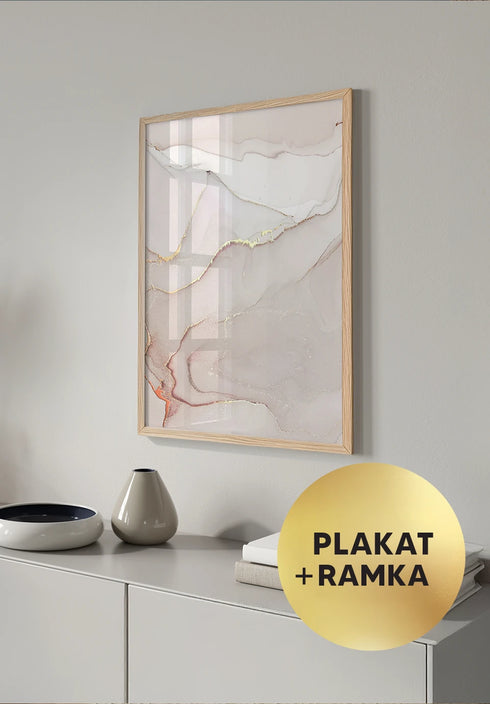 Plakat Koralowa Akwarela Lewy Wzór Rose Gold + Dębowa Ramka 50x70cm