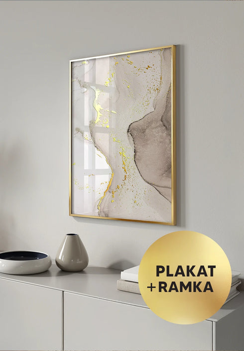 Plakat Beżowa Akwarela Złoty + Złota Ramka 50x70cm