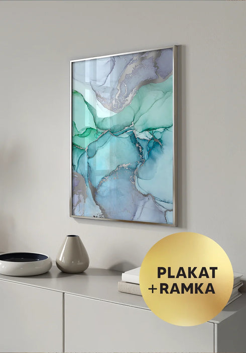 Plakat Błękitne Akwarele Srebrny + Srebrna Ramka 50x70cm