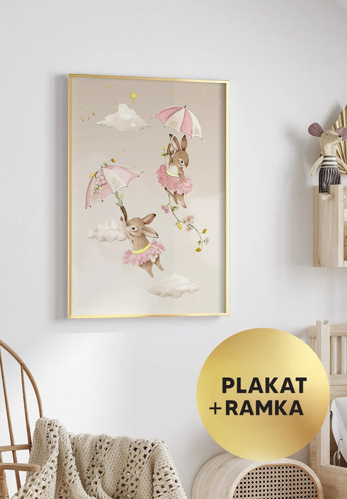 Plakat Latające Króliczki Złoty + Złota Ramka 50x70cm