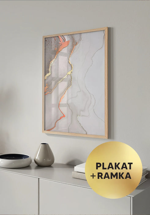 Plakat Beżowe Paski Rose Gold + Dębowa Ramka 50x70cm