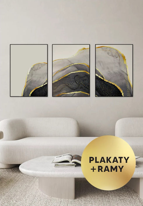 Zestaw 3 Plakatów Czarny Agat Złoty + 3 Ramki Czarne 50x70cm
