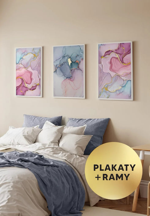 Zestaw 3 Plakatów Akwarela Różowe Pastele + 3 Ramki Białe 50x70cm