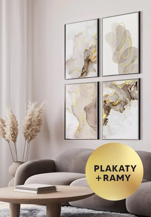 Zestaw 4 Plakatów Beżowa Farba Złoty + 4 Ramki Czarne 50x70cm