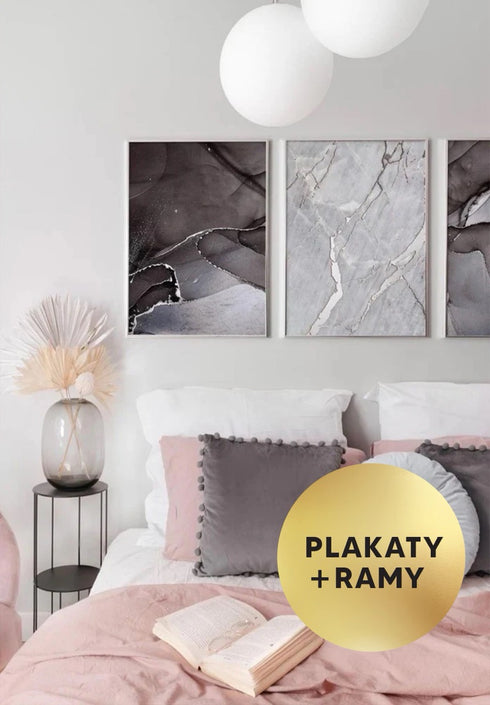 Zestaw 3 Plakatów Szary Marmur Srebrny + 3 Srebrne Ramki 50x70cm