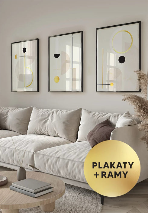 Zestaw 3 Plakatów Kremowe Geometryczne Kształty Złoty + 3 Ramki Czarne 50x70cm