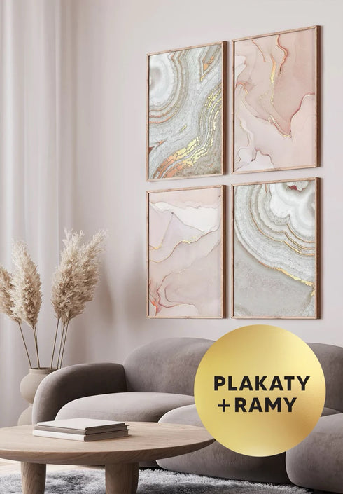 Zestaw 4 Plakatów Brązowy Agat Rose Gold + 4 Ramki Dębowe 50x70cm