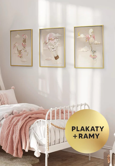 Zestaw 3 Plakatów Latający Balon Złoty + 3 Złote Ramki 50x70cm