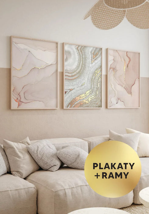 Zestaw 3 Plakatów Koralowa Akwarela Rose Gold + 3 Ramki Dębowe 50x70cm