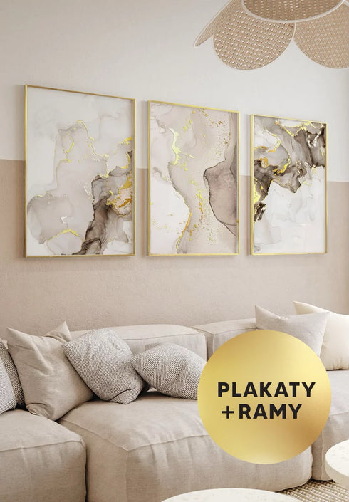 Zestaw 3 Plakatów Beżowa Farba Złoty + 3 Ramki Złote 50x70cm