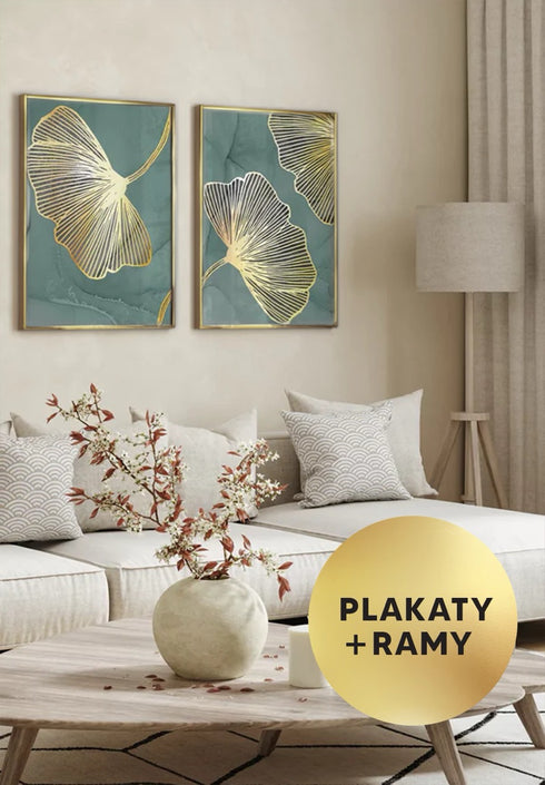 Zestaw 2 Plakatów Miętowy Liść Miłorzębu Złoty + 2 Ramki Złote 50x70cm