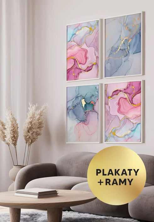 Zestaw 4 Plakatów Akwarela Różowe Pastele + 4 Ramki Białe 50x70cm