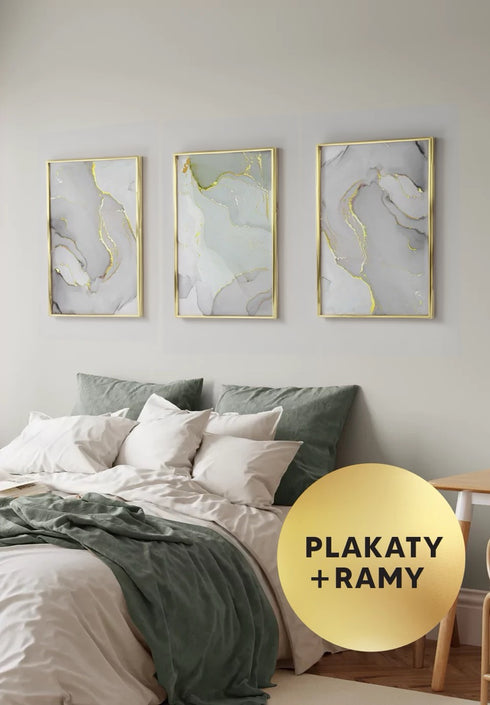 Zestaw 3 Plakatów Szaro Pistacjowa Akwarela Złoty + 3 Ramki Złote 50x70cm