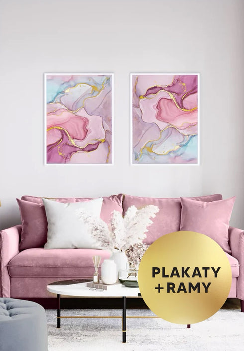 Zestaw 2 Plakatów Akwarela Różowe Pastele Złoty + 2 Ramki Białe 50x70cm
