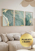 Zestaw 3 Plakatów Miętowy Marmur Złoty + 3 Ramki Złote 50x70cm