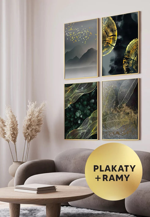 Zestaw 4 Plakatów Las Z Góry Złoty + 4 Ramki Złote 50x70cm