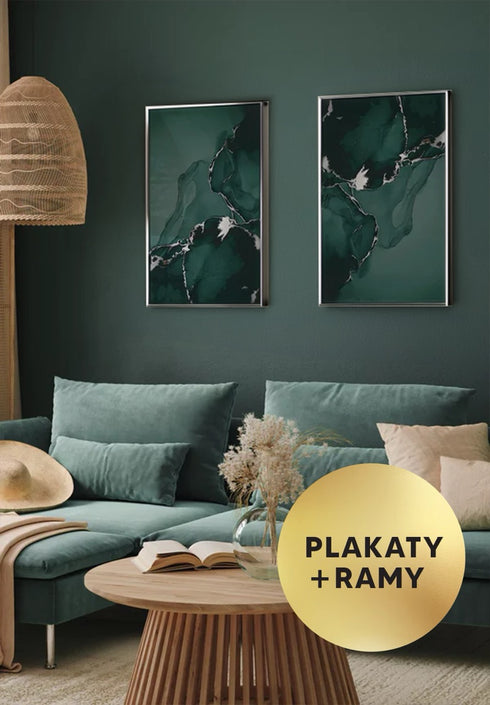 Zestaw 2 Plakatów Zielony Marmur Srebrny + 2 Ramki Srebrne 50x70cm