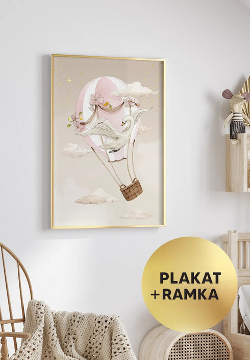 Plakat Latający Balon Złoty + Złota Ramka 50x70cm