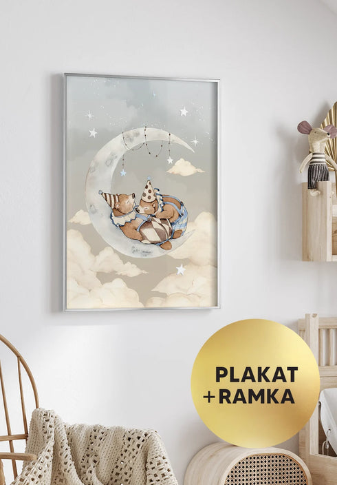 Plakat Misie Na Księżycu Srebrny + Srebrna Ramka 50x70cm