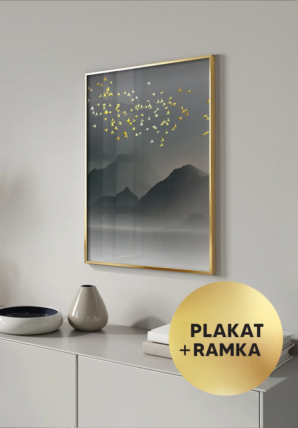 Plakat Ptaki Nad Górami Złoty + Złota Ramka 50x70cm