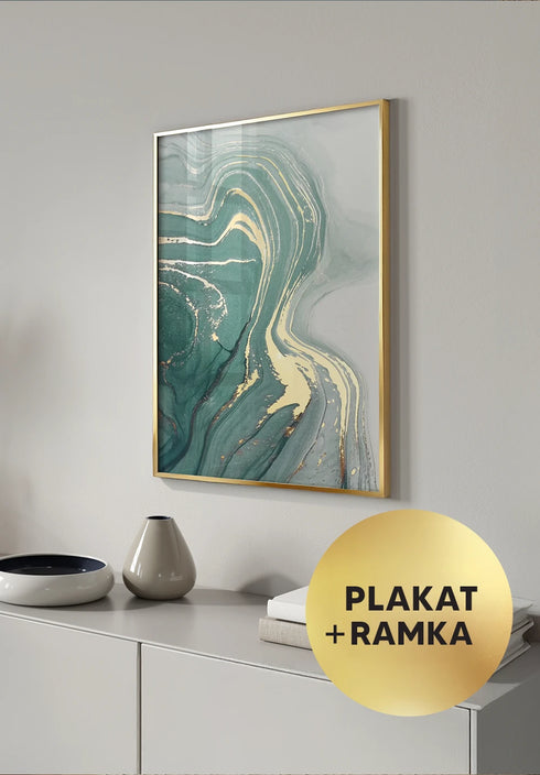 Plakat Miętowy Agat Złoty + Złota Ramka 50x70cm
