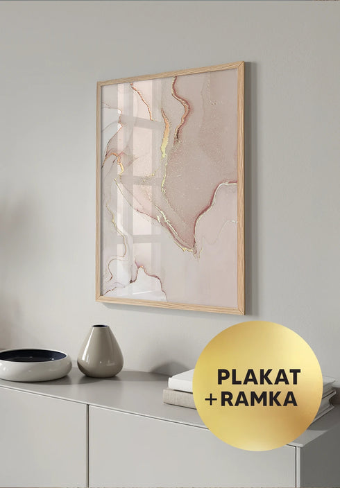 Plakat Koralowa Akwarela Prawy Wzór Rose Gold + Dębowa Ramka 50x70cm