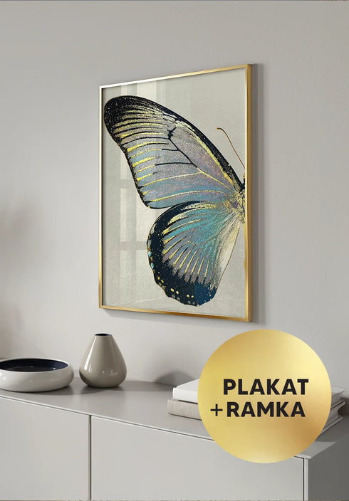Plakat Turkusowy Motyl Lewy Złoty + Złota Ramka 50x70cm