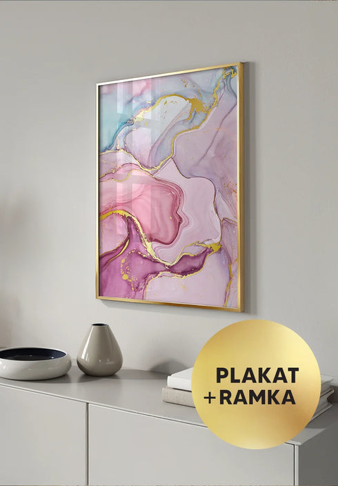 Plakat Akwarela Różowe Pastele Złoty + Złota Ramka 50x70cm
