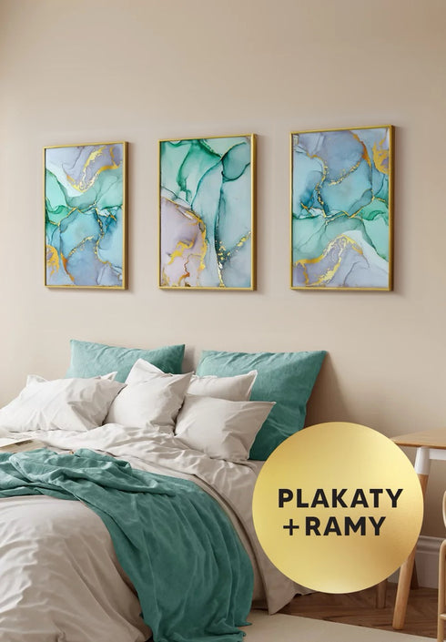Zestaw 3 Plakatów Błękitne Akwarele Złoty + 3 Ramki Złote 50x70cm