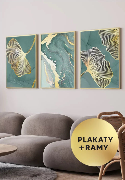 Zestaw 3 Plakatów Miętowy Liść Miłorzębu Złoty + 3 Złote Ramki 50x70cm
