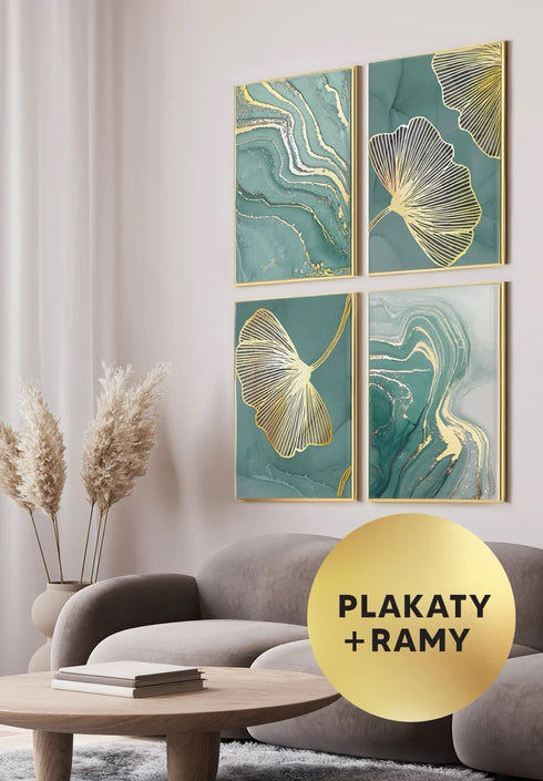 Zestaw 4 Plakatów Miętowy Marmur Złoty + 4 Ramki Złote 50x70cm