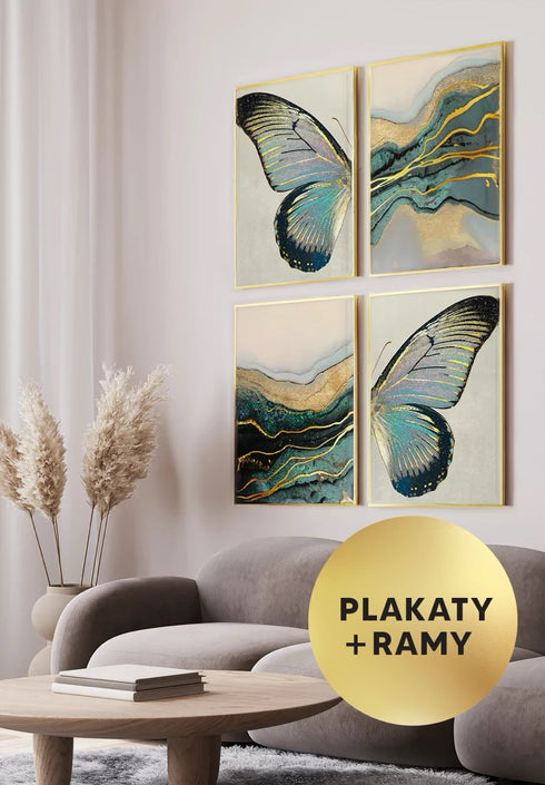 Zestaw 4 Plakatów Turkusowa Farba Złoty + 4 Ramki Złote 50x70cm
