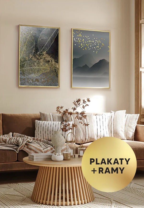 Zestaw 2 Plakatów Liście Złoty + 2 Ramki Złote 50x70cm