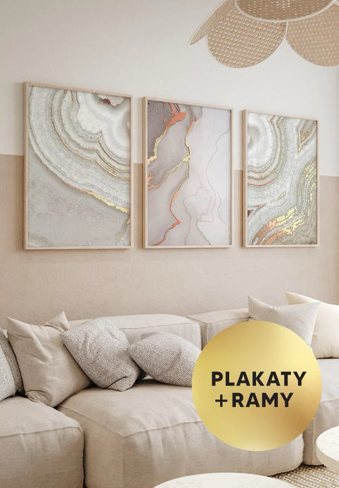 Zestaw 3 Plakatów Brązowy Agat Rose Gold + 3 Ramki Dębowe 50x70cm