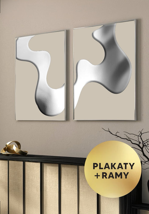 Zestaw 2 Plakatów Beżowy Wir Srebrny + 2 Ramki Srebrne 50x70cm