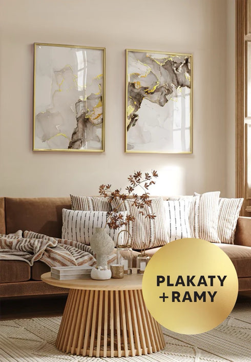 Zestaw 2 Plakatów Beżowa Farba Złoty + 2 Ramki Złote 50x70cm