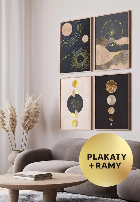 Zestaw 4 Plakatów Planety Na Orbicie Złoty + 4 Ramki Dębowe 50x70cm