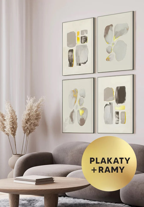 Złoty Zestaw 4 Plakatów Kremowe Pociągnięcia Pędzlem + 4 Ramki Czarne 50x70cm