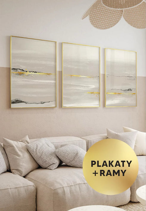 Zestaw 3 Plakatów Beżowy Pejzaż Złoty + 3 Ramki Złote 50x70cm
