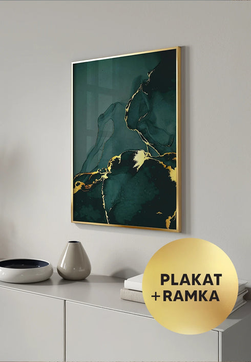 Plakat Zielony Marmur Złoty + Złota Ramka 50x70cm