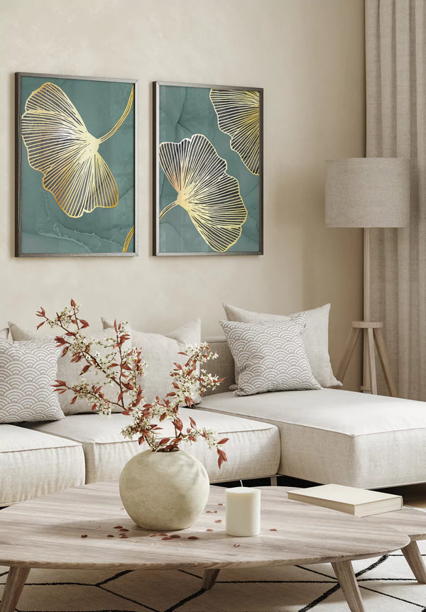 Miętowy Liść Miłorzębu Złoty Zestaw 2 Plakatów 50x70cm