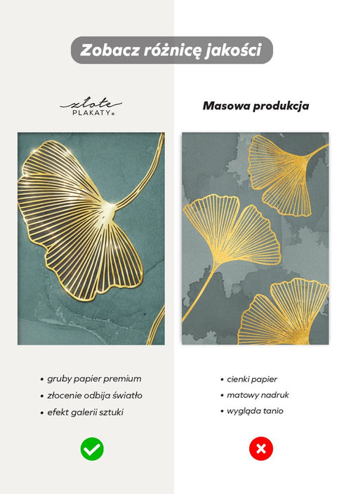 Miętowy Liść Miłorzębu Lewy Wzór Złoty Plakat 50x70cm