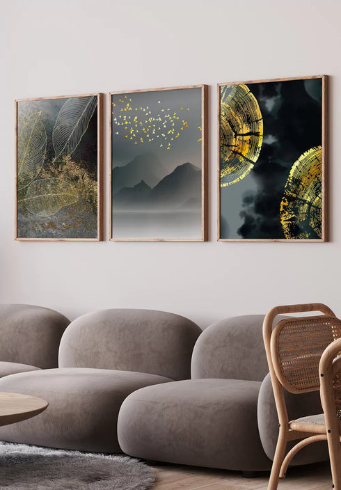 Liście Złoty Zestaw 3 Plakatów 50x70cm